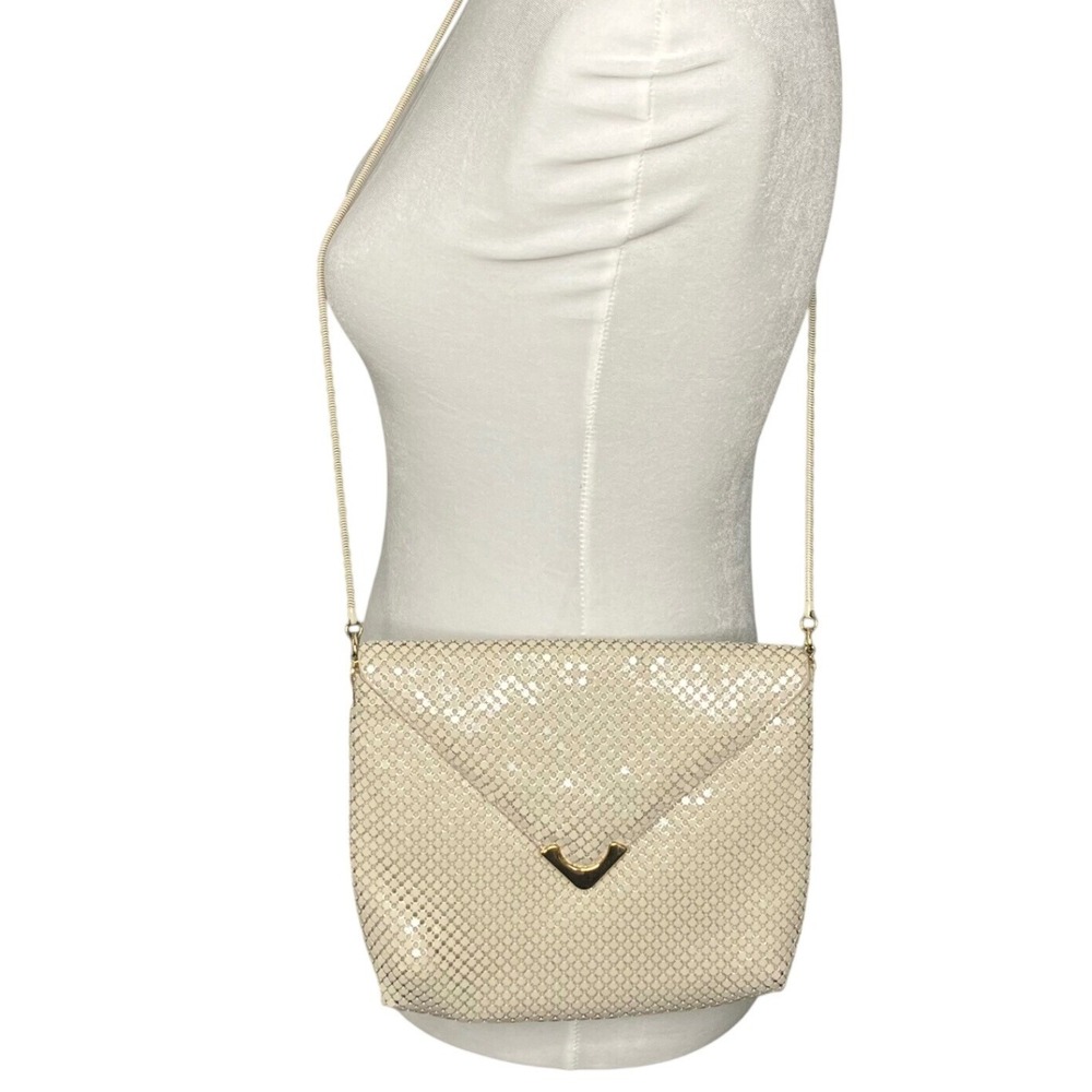 Vtg 70's Lyrella Metal Mesh Crossbody Bag Beige Cream Evening Purse Formal Glam
